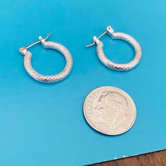 Silver Tone Textured Mini Hoop Earrings 1/2" Diameter - Picture 4 of 4